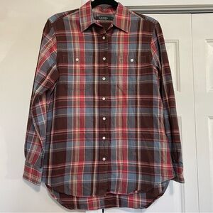 Lauren Ralph Lauren Women's Brown Blue Flannel Plaid Button Down Size Medium